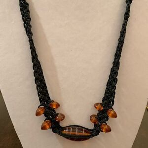 Vintage macramé necklace with brown glass beads